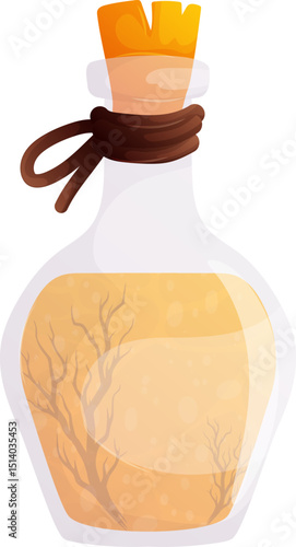 Magic Potion Bottle with Yellow Liquid and Tree Silhouette Inside, Cork Stopper.