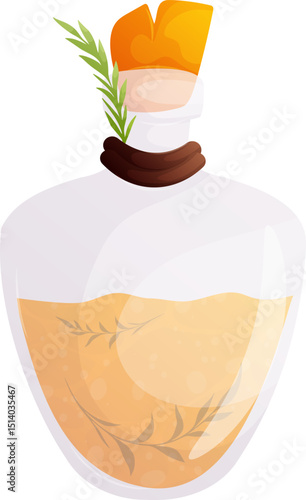 Magical Potion Bottle with Cork and Plant, Vector Illustration in Cartoon Style.