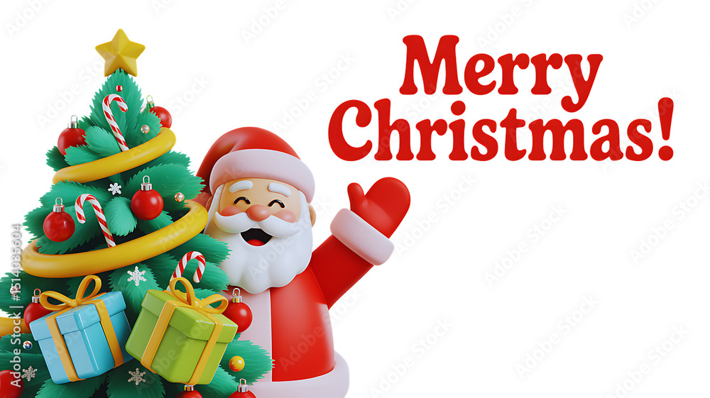 Cartoon Santa Claus with Christmas Tree and Presents Saying Merry Christmas on Transparent Background Cartoon Santa Claus with Christmas Tree and Presents Saying Merry Christmas on Transparent Background