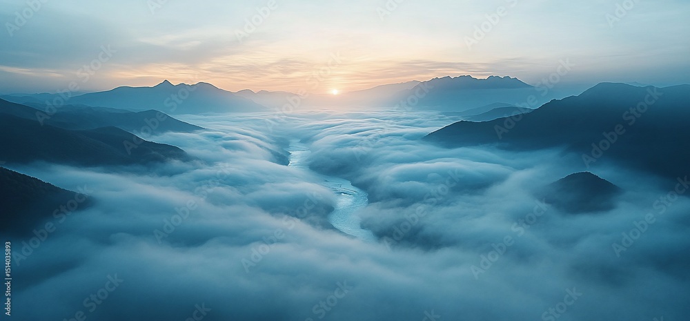 Fototapeta premium Mystical sunrise over the mountains with fog and winding river view
