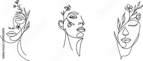 Elegant female face line art with floral decorative elements

