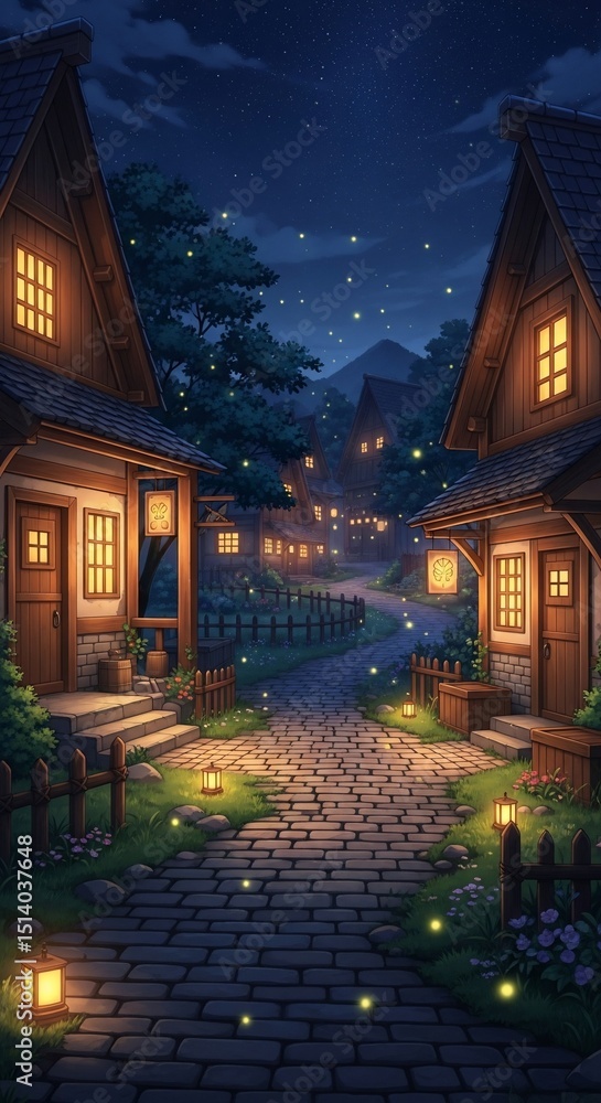 Fototapeta premium Enchanting Nighttime Village Scene with Glowing Lanterns and Fireflies, Peaceful Atmosphere.