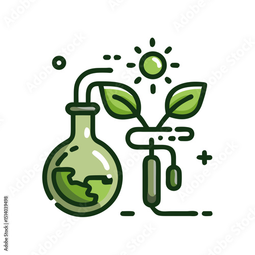 Green innovation lab icon with flask, plants, and sun symbolizing modern eco-friendly manufacturing - 2