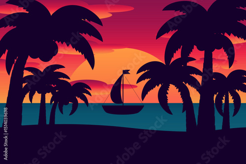 Tropical summer beach sunset vector illustration with sailboat and palm trees silhouette on ocean horizon in vibrant orange and purple tones. For summertime, vacations, and outdoor concept design.