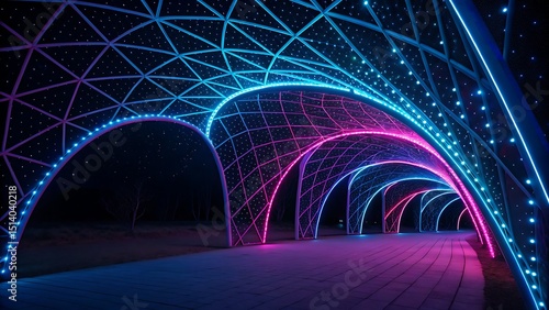 Neon Light Tunnel Abstract Architectural Night Photography