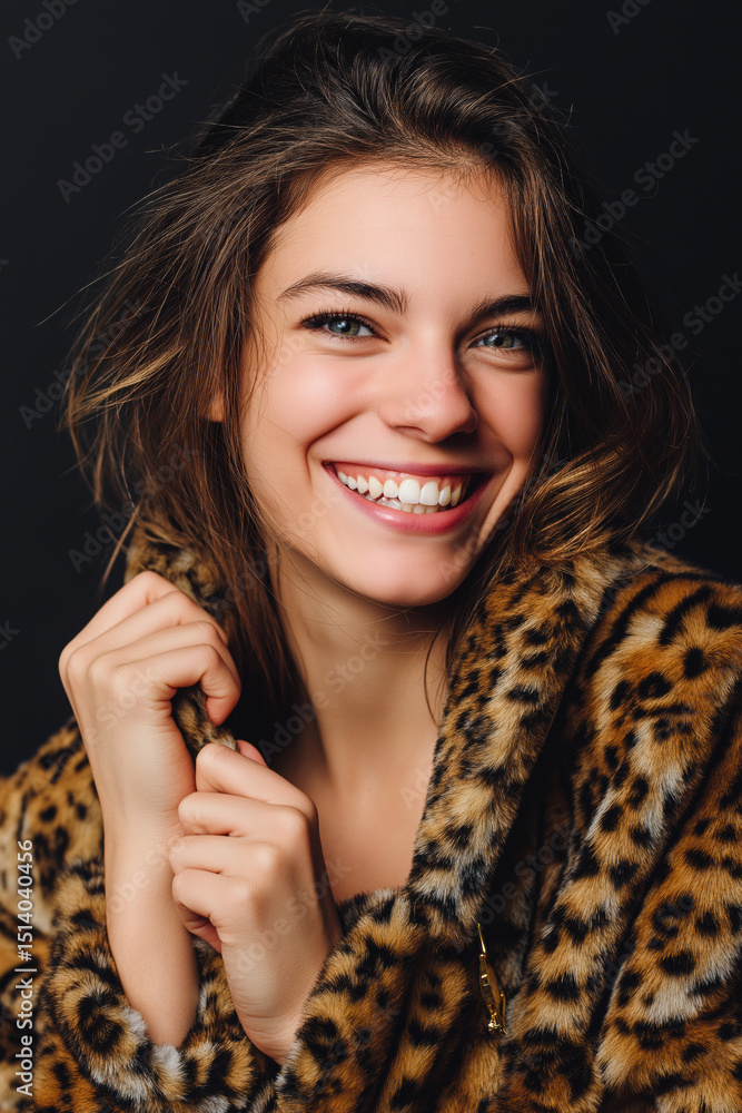 Obraz premium A woman is smiling and wearing a leopard print coat. She is posing for a picture. Scene is happy and playful