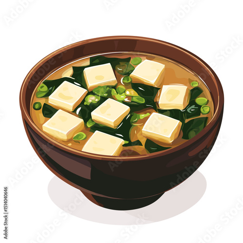 Miso Soup with Tofu Cubes and Seaweed Garnish