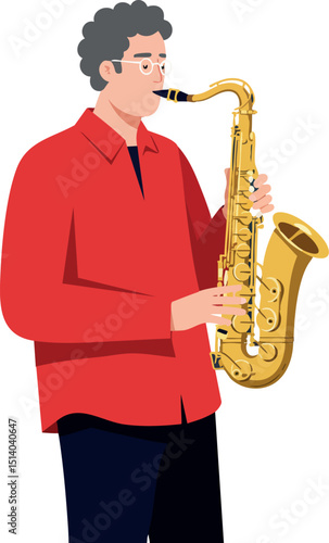Man playing saxophone wearing red shirt and black pants vector illustration 