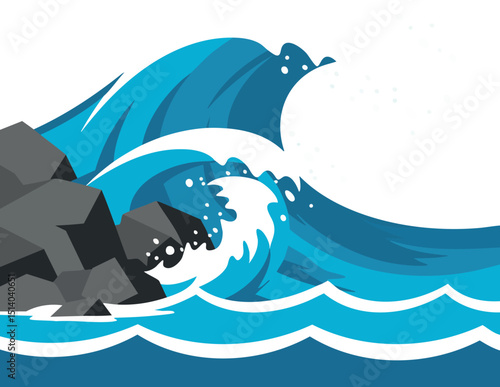 Ocean waves crashing against rocky shore with blue water vector illustration 