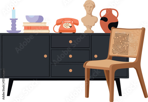 Mid-century modern black sideboard with decorative items and wooden chair vector illustration 
