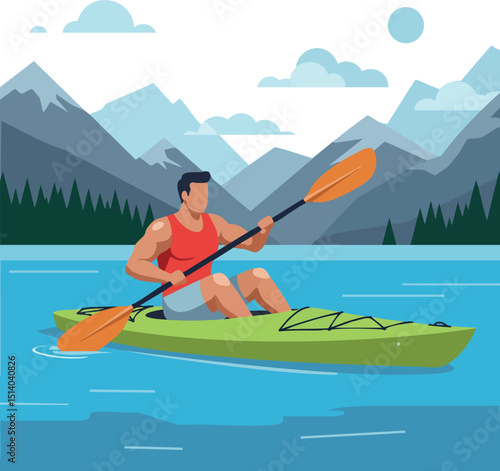 Man kayaking on blue lake with mountain landscape background vector illustration 
