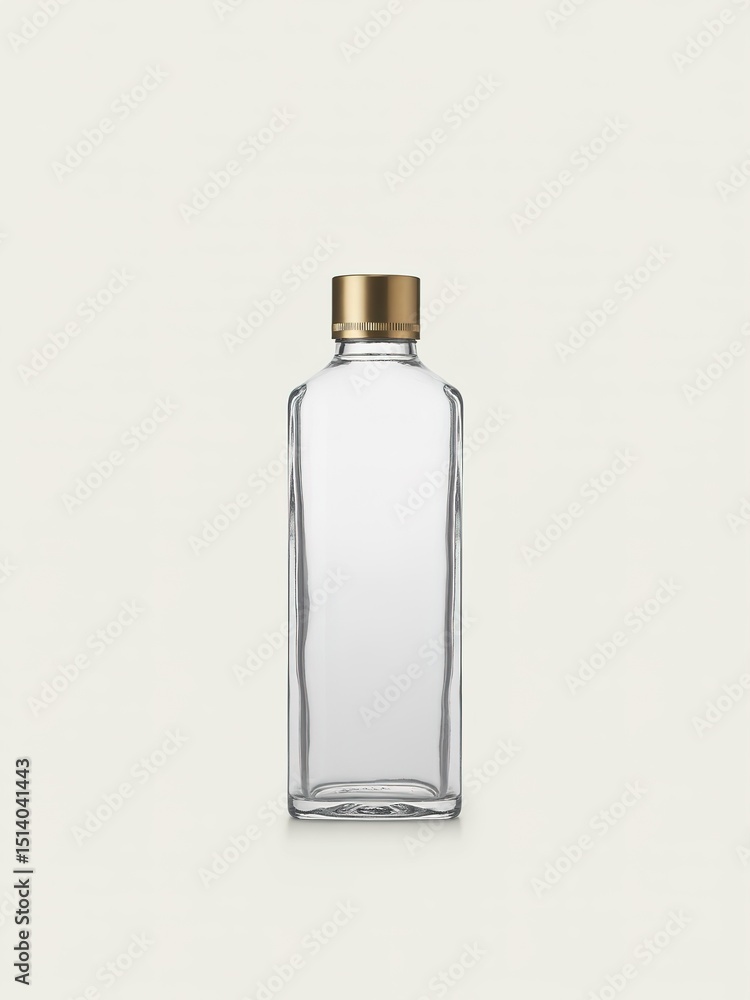Transparent Glass Bottle with Gold Cap on Plain Background for Product Display Transparent Glass Bottle with Gold Cap on Plain Background for Product Display