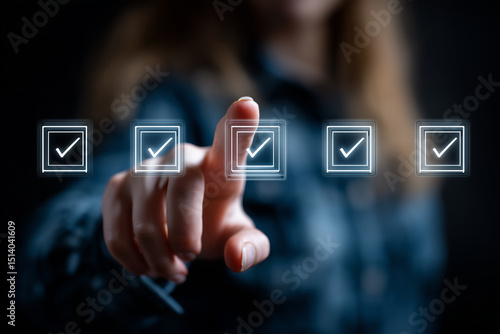 Selecting Success: A close-up shot captures a finger gracefully poised to select a checkmark, embodying a moment of decision, control, and achievement within a digital environment. 