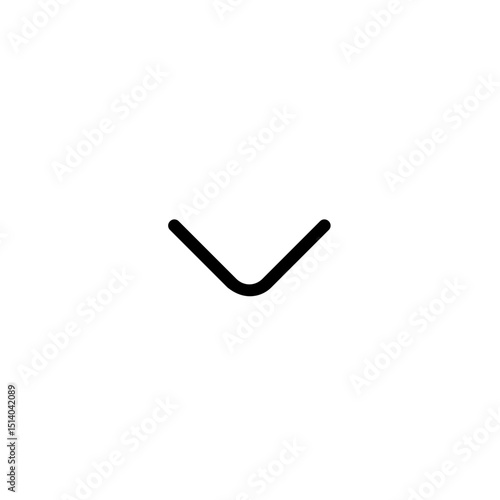 Black downward pointing angle bracket with rounded corner on a white background in a simple vector graphic