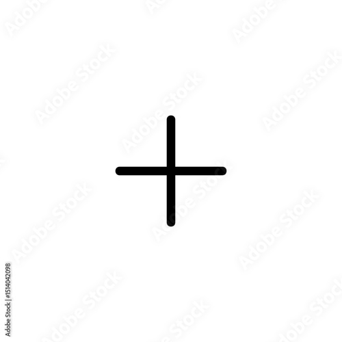 A simple plus sign made of two intersecting black lines on a white background in the center of the frame