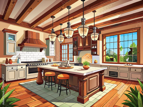 vector of Traditional kitchen in beautiful new luxury home with hardwood floors, wood beams and large island quartz counters. Includes farmhouse sink, beautiful large pendant lights.