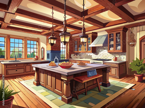 vector of Traditional kitchen in beautiful new luxury home with hardwood floors, wood beams and large island quartz counters. Includes farmhouse sink, beautiful large pendant lights.