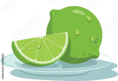 Fresh green lime fruit with sliced wedge on white plate vector illustration 
