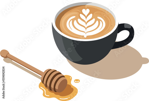 Coffee cup with latte art and honey dipper vector illustration in isometric style 