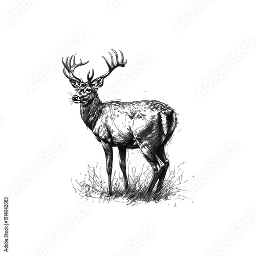 Majestic Stag Deer Drawing Detailed Black and White Wildlife Art