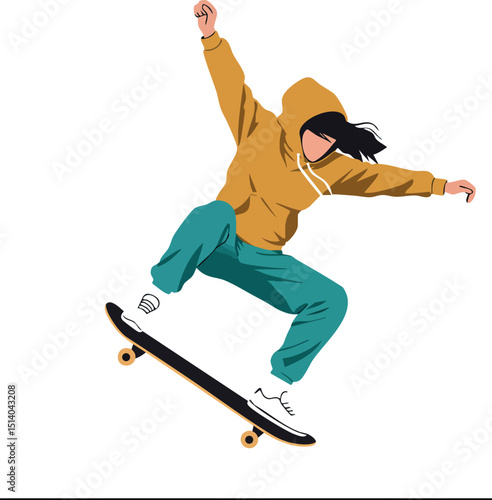 Skateboarder performing trick in mustard hoodie and teal pants dynamic vector illustration 