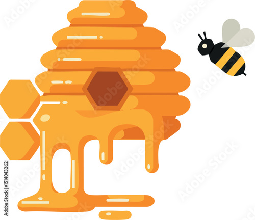 Honeycomb with dripping honey and bee flying vector illustration in bright orange colors 