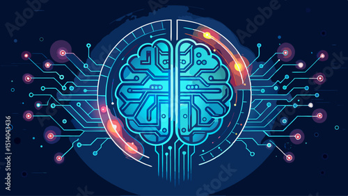 A glowing brain-shaped circuit board pulses with electric energy, representing artificial intelligence, machine learning, innovation, future technology, and the fusion of human thought with digital ne