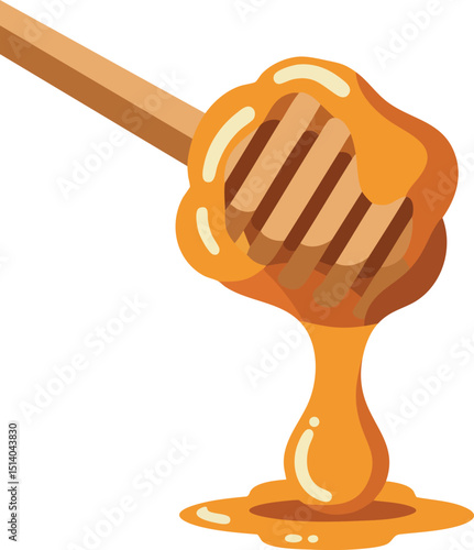 Honey dripping from wooden honey dipper stick vector illustration in orange and brown colors 