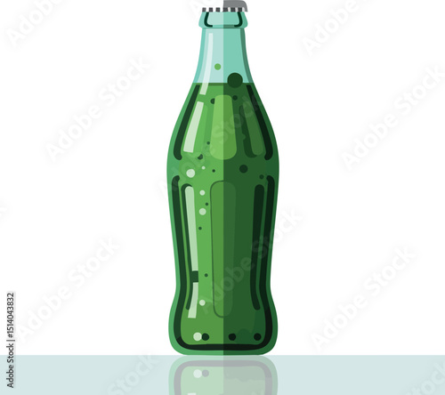 Green glass soda bottle illustration with reflective surface and carbonation bubbles vector 