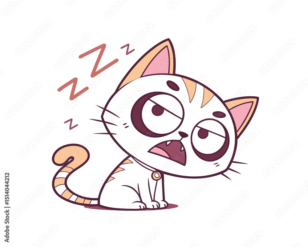 Fototapeta premium Cute Cartoon Cat Drowsily Yawning While Sitting