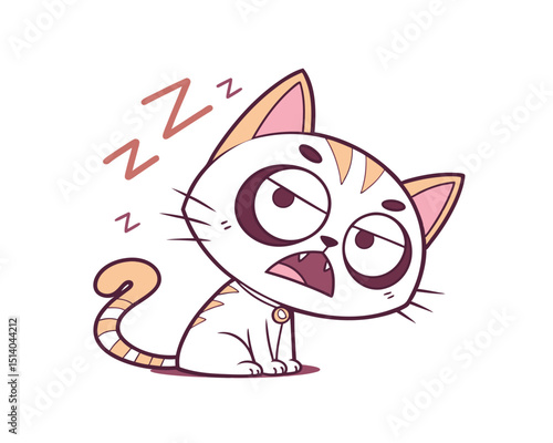 Cute Cartoon Cat Drowsily Yawning While Sitting