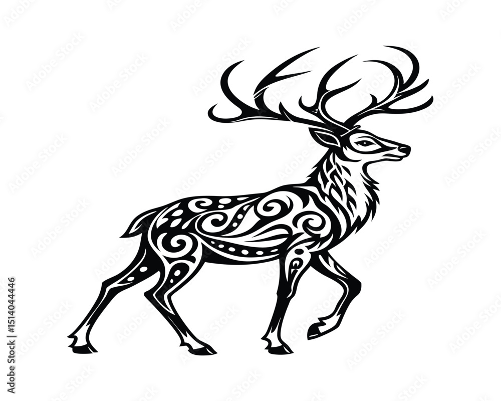 Fototapeta premium Ornate Tribal Style Deer with Large Antlers Walking
