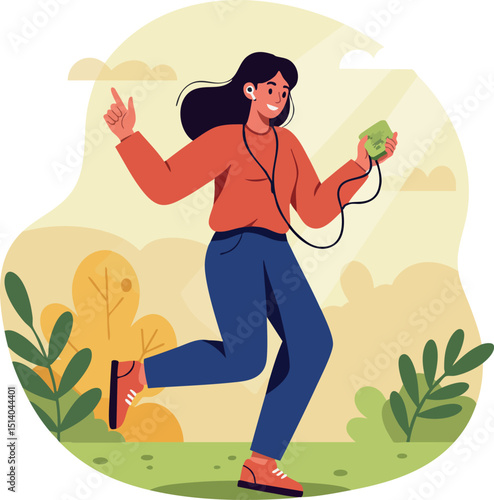 Young woman jogging outdoors listening to music with earphones in casual outfit vector illustration 