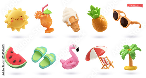 Summer 3d cartoon vector icon set
