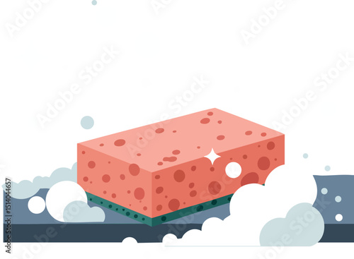 Cleaning sponge with bubbles and foam vector illustration for household chores and hygiene 