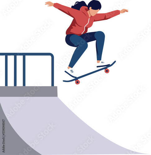 Female skateboarder performing jump trick on ramp in outdoor skatepark vector illustration 