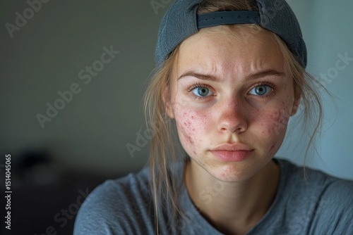 Young woman with problem skin and acne closeup