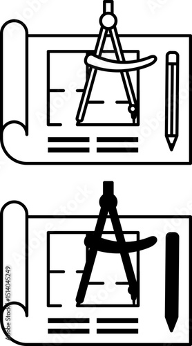 Blueprint Icons. Black and White Vector Illustration. Graphic Design Document with Image of Engineering Object. Paper with Drawing, Compass, and Pencil
