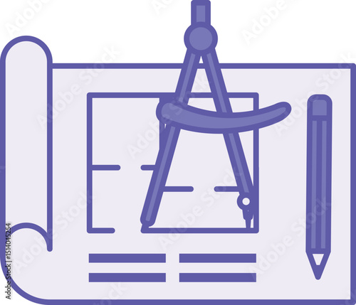 Colored Blueprint Icon. Vector Illustration. Graphic Design Document with Image of Engineering Object. Paper with Drawing, Compass, and Pencil
