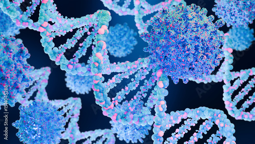 DNA genome structure, cancer cell molecular details,  Influenza virus, vaccine and treatment, pathogen Viral structure, bacteria and germ Infection in human body, dna Helix Damage, 3d render