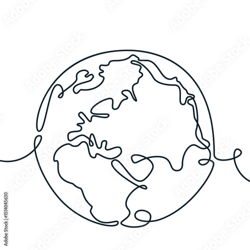 Vector continuous line illustration of Earth globe planet with world map. Worldwide shipping, travel, business concept