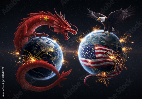 China versus united states trade war concept with dragon and eagle representing the countries globe art US China international global trade war
