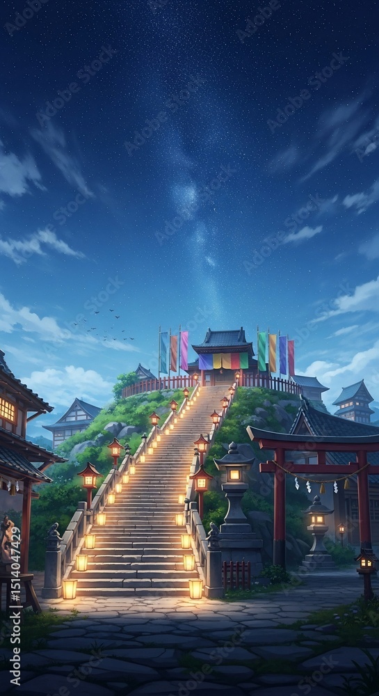 Obraz premium Illuminated Stairway to a Japanese Temple Under a Starry Night Sky