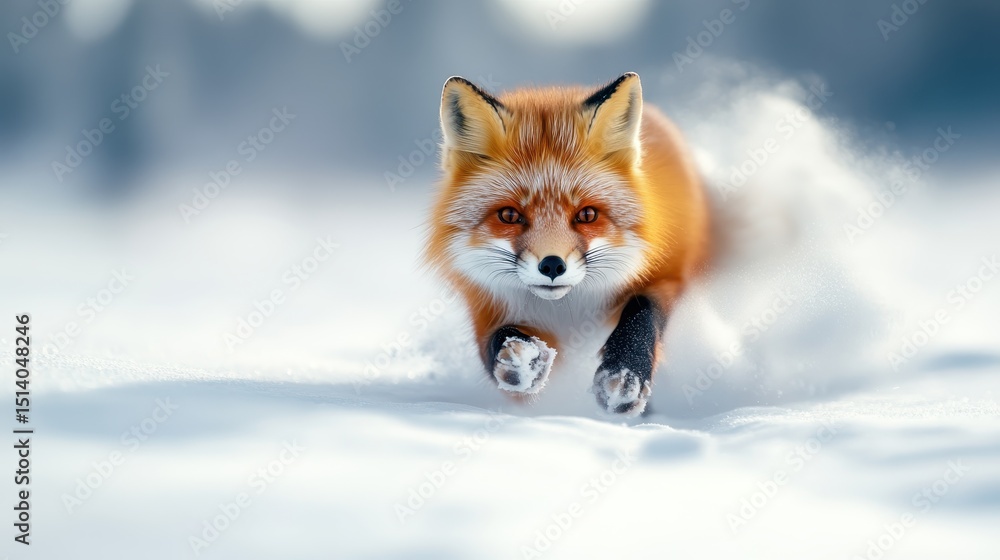 Fototapeta premium A vibrant red fox is captured in mid-run while traversing a snowy landscape, showcasing its agility and beauty against a serene winter backdrop.