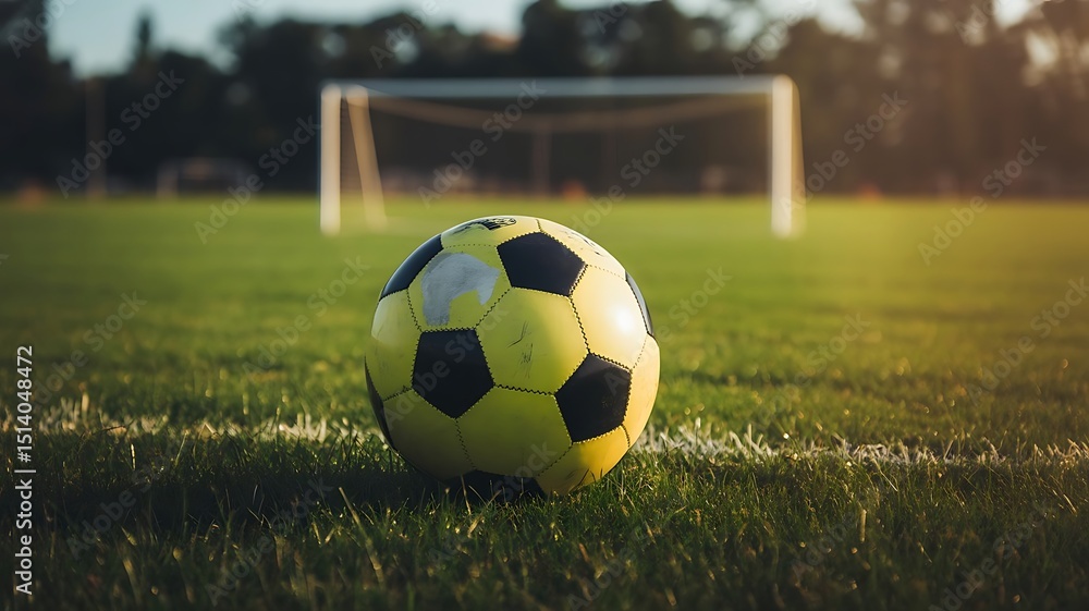 Obraz premium A yellow and black soccer ball rests on the vibrant green grass field