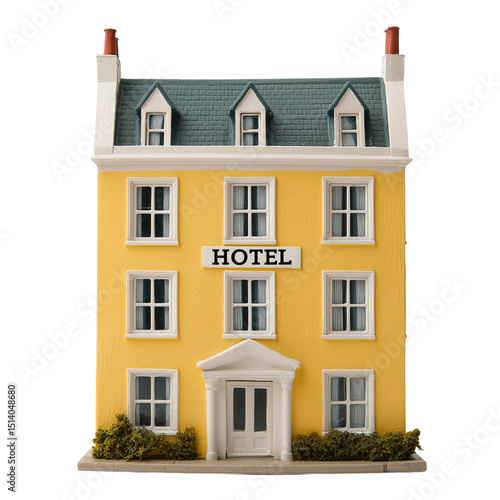 Yellow hotel building model on white background 