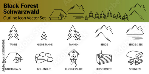 This vector icon set features symbols of the Black Forest, Schwarzwald. The clean, modern outline style includes traditional and cultural elements. All icons are fully scalable vector files.
