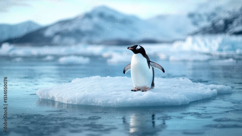 Fototapeta premium An adorable penguin stands proudly on a floating piece of ice amidst a breathtaking winter landscape, showcasing the beauty of nature in a serene and chilly environment.