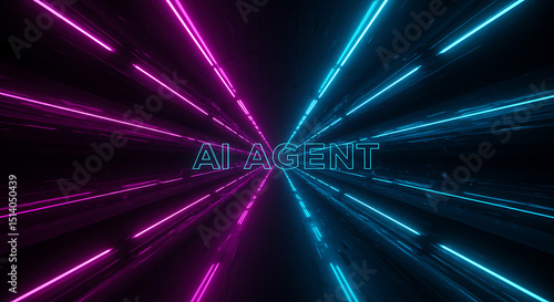 Fototapeta Naklejka Na Ścianę i Meble -  Futuristic neon tunnel with vibrant pink and teal lights creates a captivating, dynamic effect.