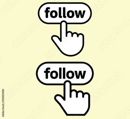 Follow Button with Hand Cursor Click Social Media Vector Icon Set